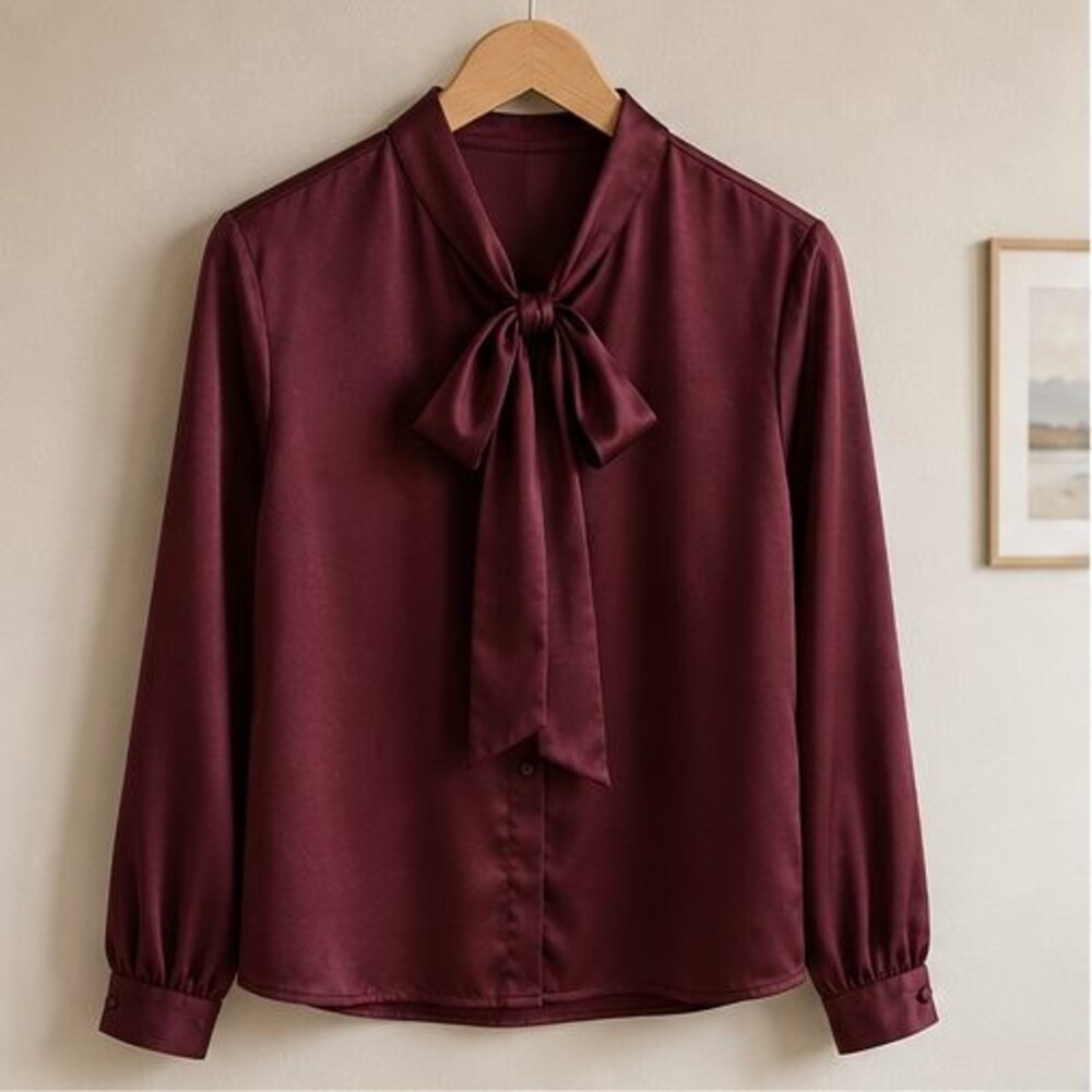 Burgundy Satin Tie Neck Blouse